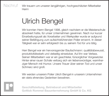 Traueranzeige von Ulrich Bengel von Kreiszeitung Böblinger Bote