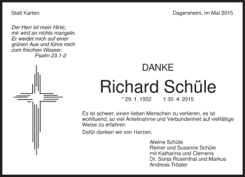 Traueranzeige von LRichard Schüle von Kreiszeitung Böblinger Bote