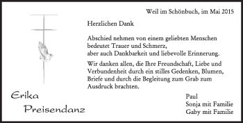Traueranzeige von Erika Preisendanz von Kreiszeitung Böblinger Bote