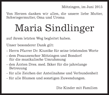 Traueranzeige von Maria Sindlinger von Kreiszeitung Böblinger Bote