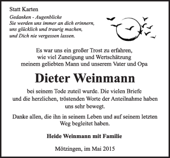 Traueranzeige von Dieter Weinmann von Kreiszeitung Böblinger Bote