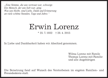 Traueranzeige von Erwin Lorenz von Kreiszeitung Böblinger Bote