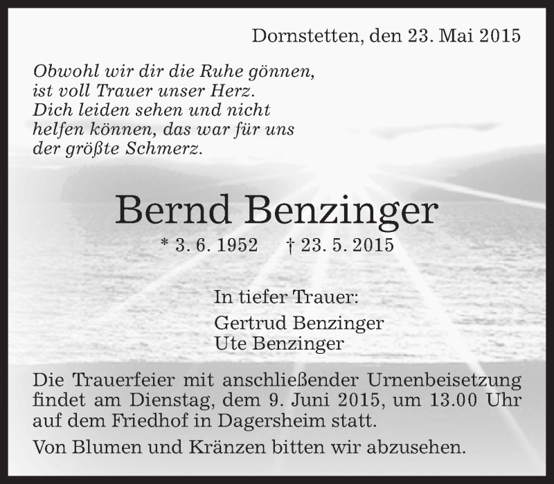  Traueranzeige für Bernd Benzinger vom 03.06.2015 aus Kreiszeitung Böblinger Bote