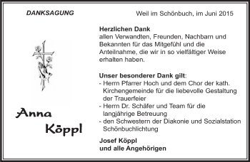 Traueranzeige von Anna Köppl von Kreiszeitung Böblinger Bote