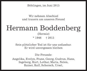 Traueranzeige von Hermann Boddenberg von Kreiszeitung Böblinger Bote