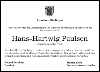 Traueranzeige von Hans-Hartwig Paulsen von Kreiszeitung Böblinger Bote