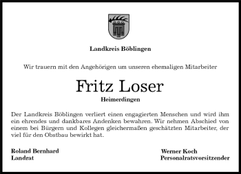 Traueranzeige von Fritz Loser von Kreiszeitung Böblinger Bote