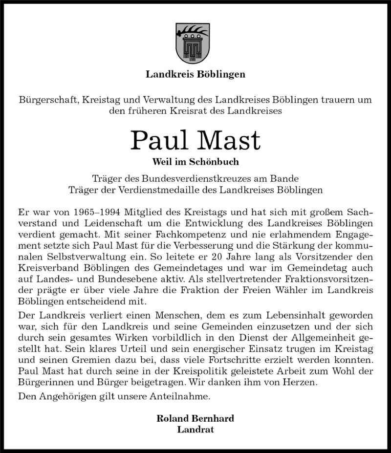  Traueranzeige für Paul Mast vom 28.03.2014 aus Kreiszeitung Böblinger Bote