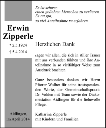 Traueranzeige von Erwin Zipperle von Kreiszeitung Böblinger Bote