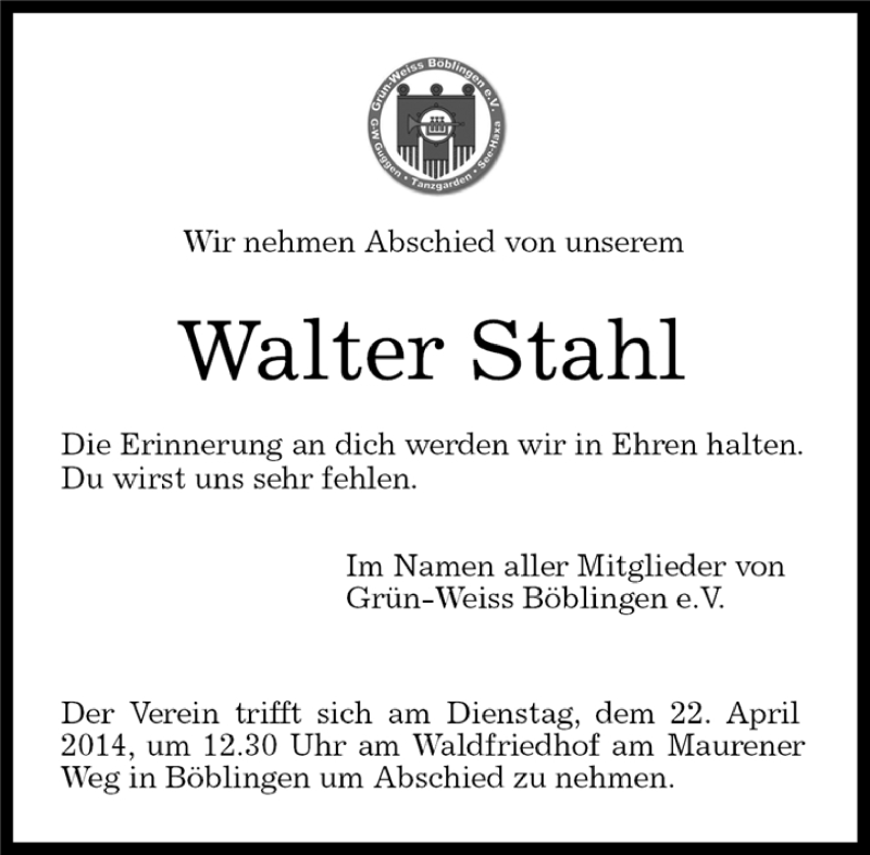  Traueranzeige für Walter Stahl vom 17.04.2014 aus Kreiszeitung Böblinger Bote