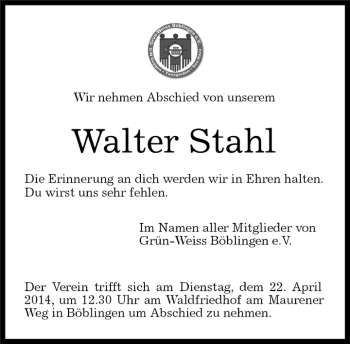 Traueranzeige von Walter Stahl von Kreiszeitung Böblinger Bote