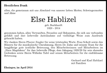 Traueranzeige von Else Hablizel von Kreiszeitung Böblinger Bote