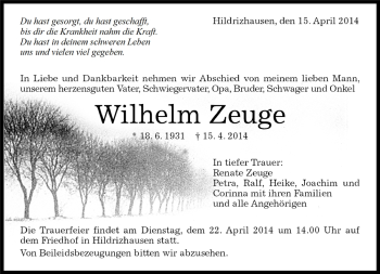 Traueranzeige von Wilhelm Zeuge von Kreiszeitung Böblinger Bote