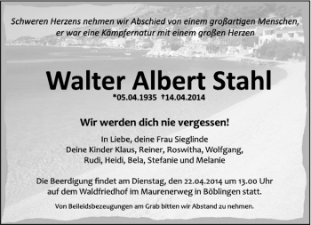 Traueranzeige von Walter Albert Stahl von Kreiszeitung Böblinger Bote