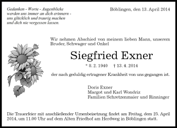 Traueranzeige von Siegfried Exner von Kreiszeitung Böblinger Bote
