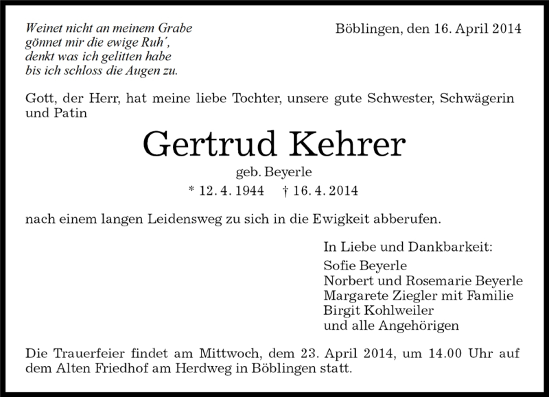  Traueranzeige für Gertrud Kehrer vom 17.04.2014 aus Kreiszeitung Böblinger Bote