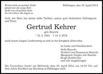 Traueranzeige von Gertrud Kehrer von Kreiszeitung Böblinger Bote