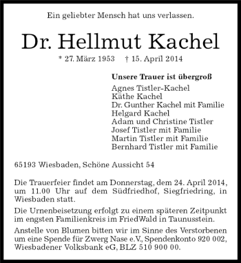 Traueranzeige von Helmut Kachel von Kreiszeitung Böblinger Bote