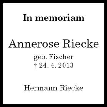 Traueranzeige von Annerose Riecke von Kreiszeitung Böblinger Bote
