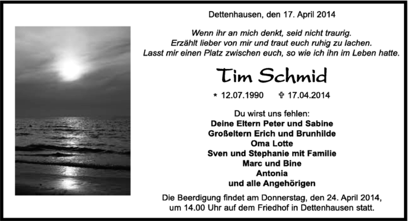  Traueranzeige für Tim Schmid vom 22.04.2014 aus Kreiszeitung Böblinger Bote