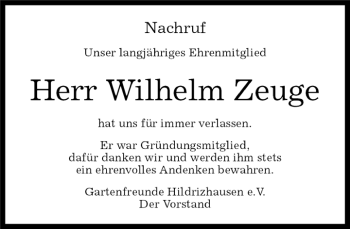 Traueranzeige von Wilhelm Zeuge von Kreiszeitung Böblinger Bote