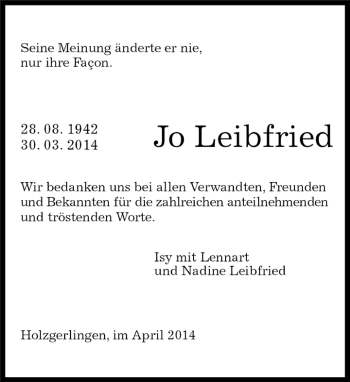 Traueranzeige von Jo Leibfried von Kreiszeitung Böblinger Bote