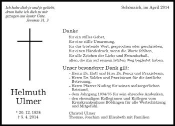 Traueranzeige von Helmuth Ulmer von Kreiszeitung Böblinger Bote
