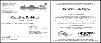 Traueranzeige von Christian Bialdyga von Kreiszeitung Böblinger Bote