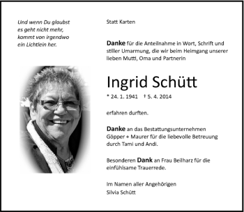 Traueranzeige von Ingrid Schütt von Kreiszeitung Böblinger Bote