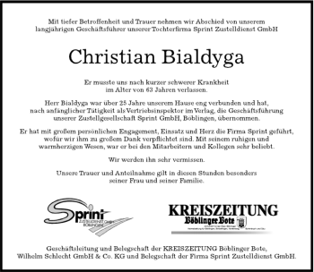 Traueranzeige von Christian Bialdyga von Kreiszeitung Böblinger Bote