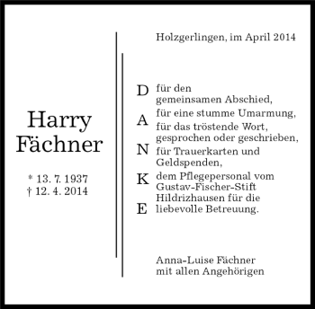Traueranzeige von Harry Fächner von Kreiszeitung Böblinger Bote