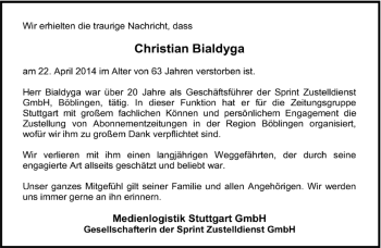 Traueranzeige von Christian Bialdyga von Kreiszeitung Böblinger Bote