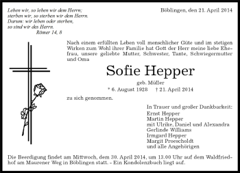 Traueranzeige von Sofie Hepper von Kreiszeitung Böblinger Bote