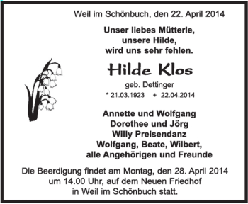 Traueranzeige von Hilde Klos von Kreiszeitung Böblinger Bote