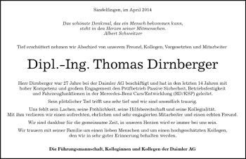 Traueranzeige von Thomas Dirnberger von Kreiszeitung Böblinger Bote