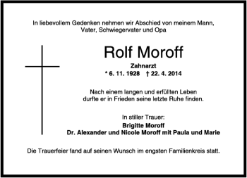 Traueranzeige von Rolf Moroff von Kreiszeitung Böblinger Bote