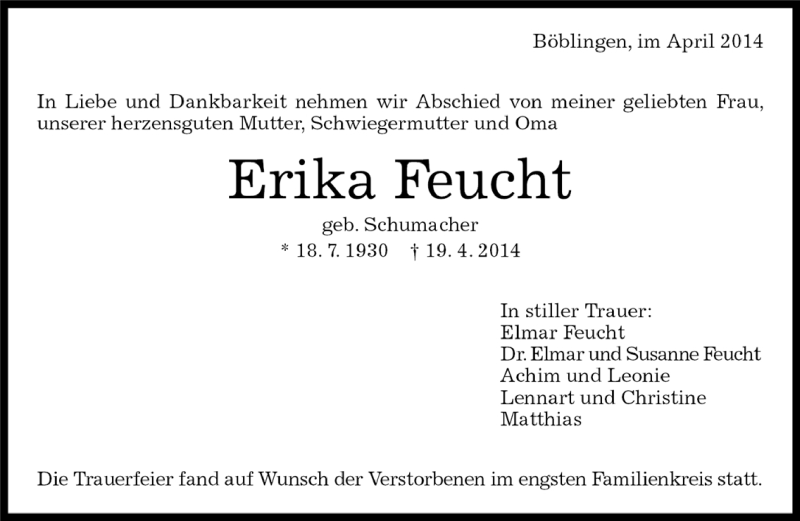  Traueranzeige für Erika Feucht vom 25.04.2014 aus Kreiszeitung Böblinger Bote