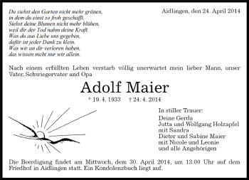 Traueranzeige von Adolf Maier von Kreiszeitung Böblinger Bote