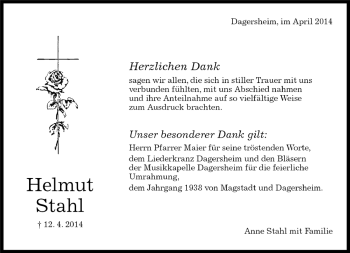 Traueranzeige von Helmut Stahl von Kreiszeitung Böblinger Bote