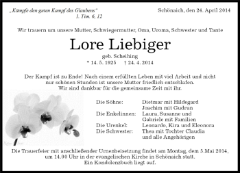 Traueranzeige von Lore Liebiger von Kreiszeitung Böblinger Bote