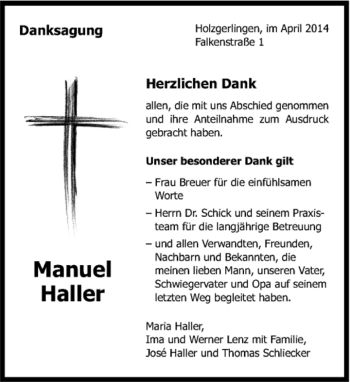 Traueranzeige von Manuel Haller von Kreiszeitung Böblinger Bote