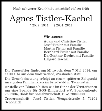Traueranzeige von Agnes Tistler-Kachel von Kreiszeitung Böblinger Bote