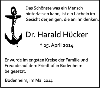 Traueranzeige von Harald Hücker von Kreiszeitung Böblinger Bote