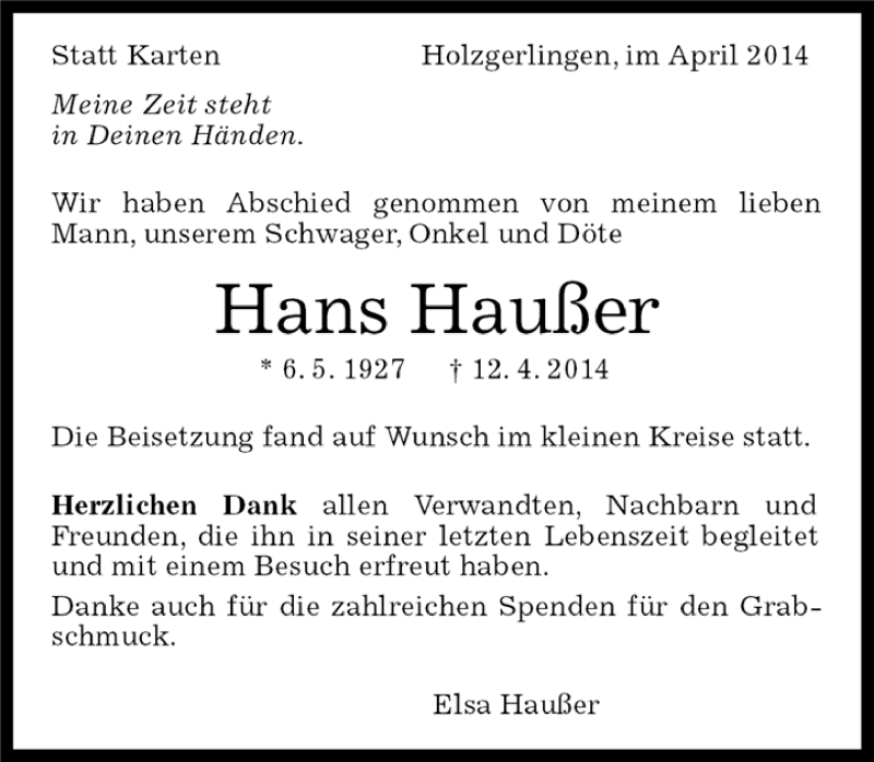  Traueranzeige für Hans Haußer vom 28.04.2014 aus Kreiszeitung Böblinger Bote
