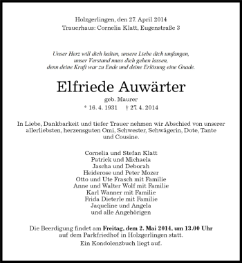 Traueranzeige von Elfriede Auwärter von Kreiszeitung Böblinger Bote