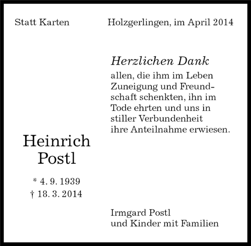  Traueranzeige für Heinrich Postl vom 29.04.2014 aus Kreiszeitung Böblinger Bote