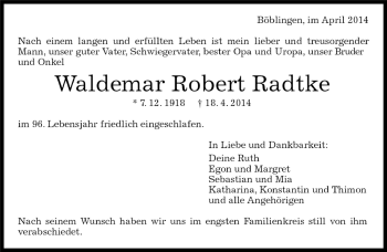Traueranzeige von Waldemar Robert Radtke von Kreiszeitung Böblinger Bote