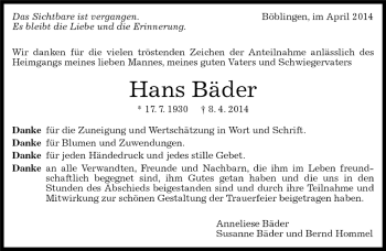 Traueranzeige von Hans Bäder von Kreiszeitung Böblinger Bote