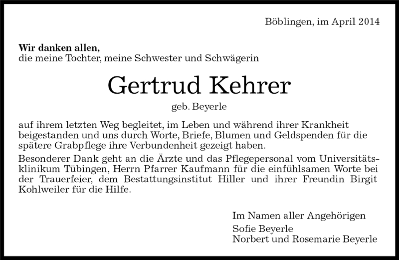  Traueranzeige für Gertrud Kehrer vom 29.04.2014 aus Kreiszeitung Böblinger Bote