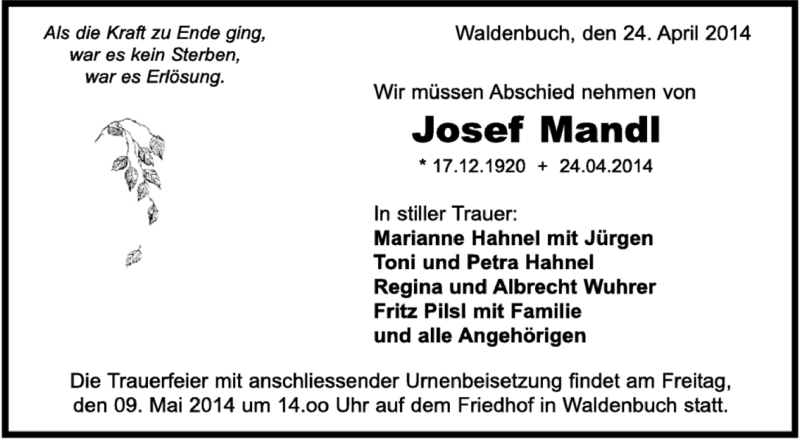  Traueranzeige für Josef Mandl vom 29.04.2014 aus Kreiszeitung Böblinger Bote